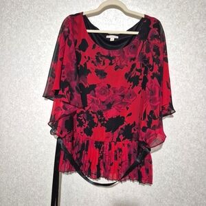 Established 1962 Red and Black Asymmetrical Flutter Sleeve Blouse...Size:2X